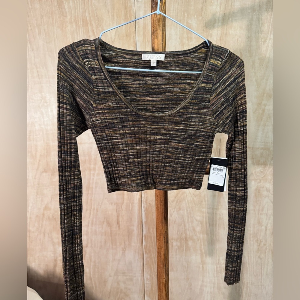 GUESS Long sleeve Cropped Scoop Anika Sweater Spooky Forest Multi